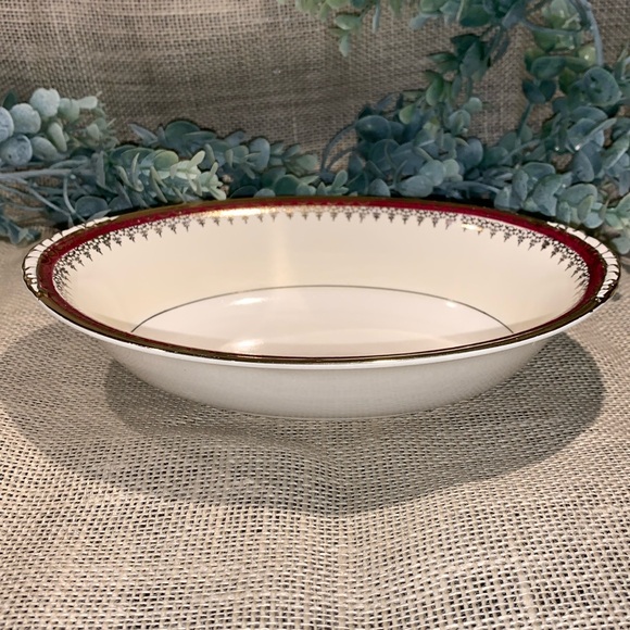 Vintage 9” Oval Vegetable Bowl Eggshell Nautilus, Maroon Band W/Gold by Laughlin - Picture 1 of 9